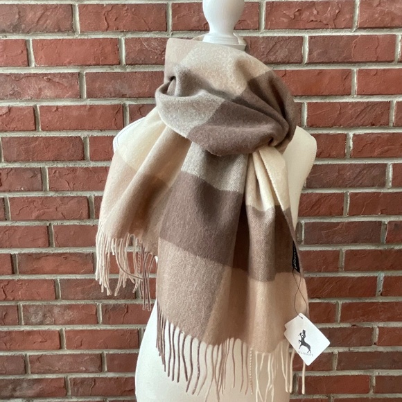 Wamsoft Wool Beige Tan Cream Plaid Fringed Scarf 12”x80”NWT - Picture 1 of 10